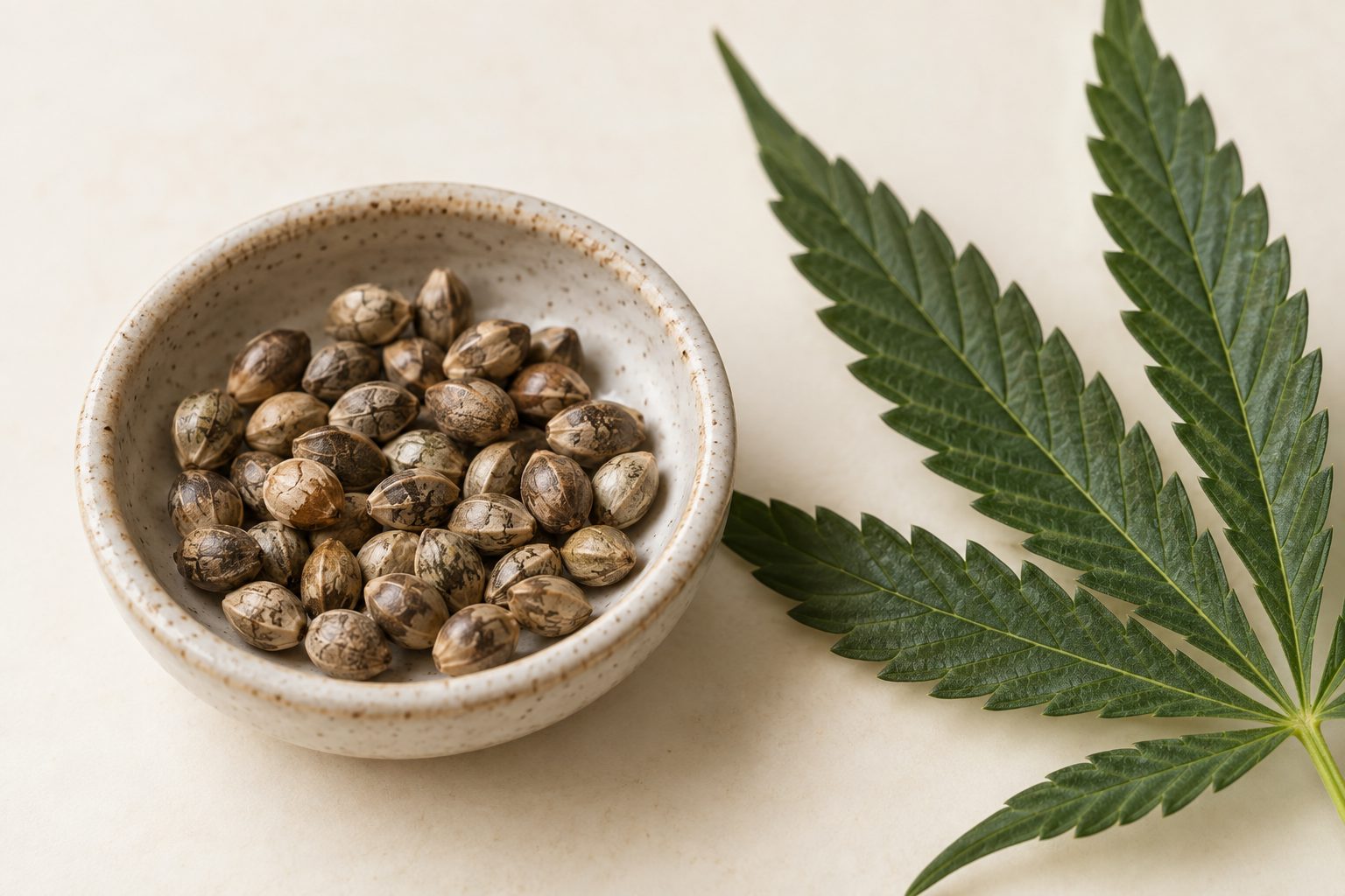 Semillas secas en un pequeño recipiente cerámico junto a una hoja de cannabis